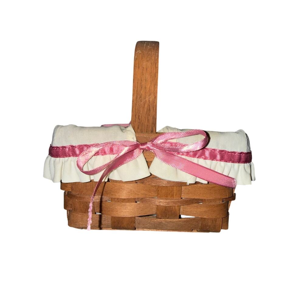 1989 Longaberger Brown Small Basket w/ Handle & White Fabric Liner vintage bow